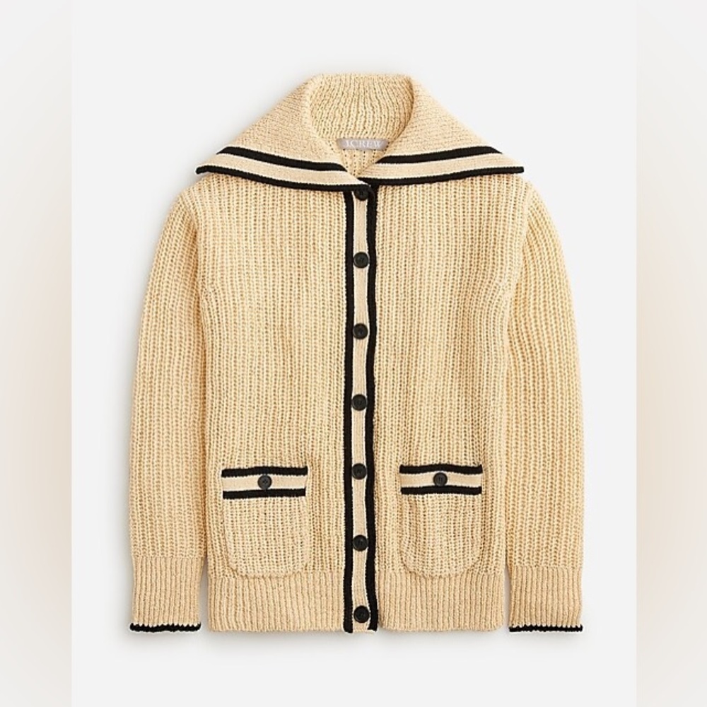 J. Crew Basket Woven Tan Button Front Cardigan Black Trim Academia Fisherman
